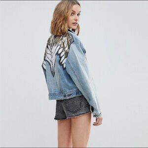 Free People Sequin Glam Denim Jacket in Indigo Blue Size Small